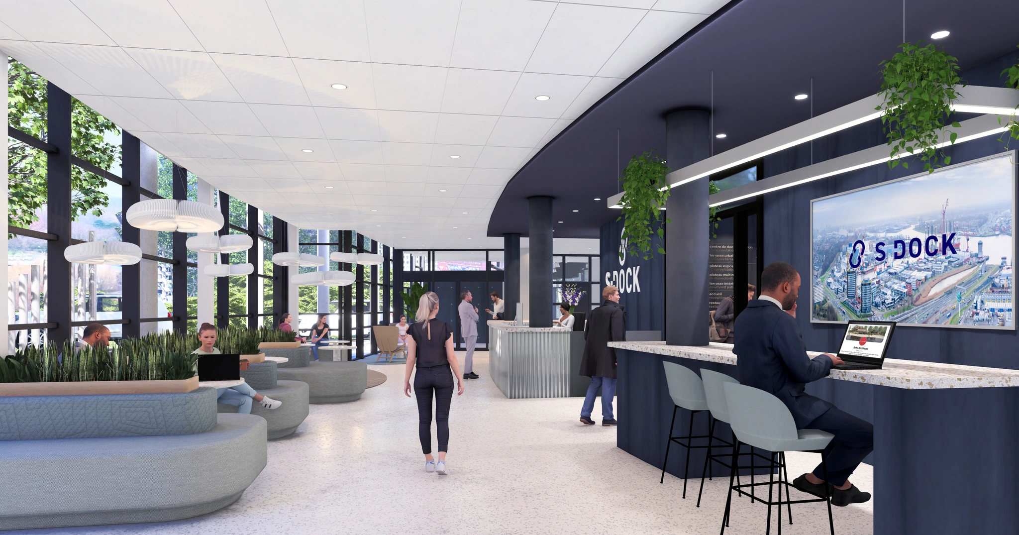 Moderne ontvangst- en werkruimte aan de Karel Doormanweg met mensen die werken, wachten en overleggen bij de balie van sDOCK.